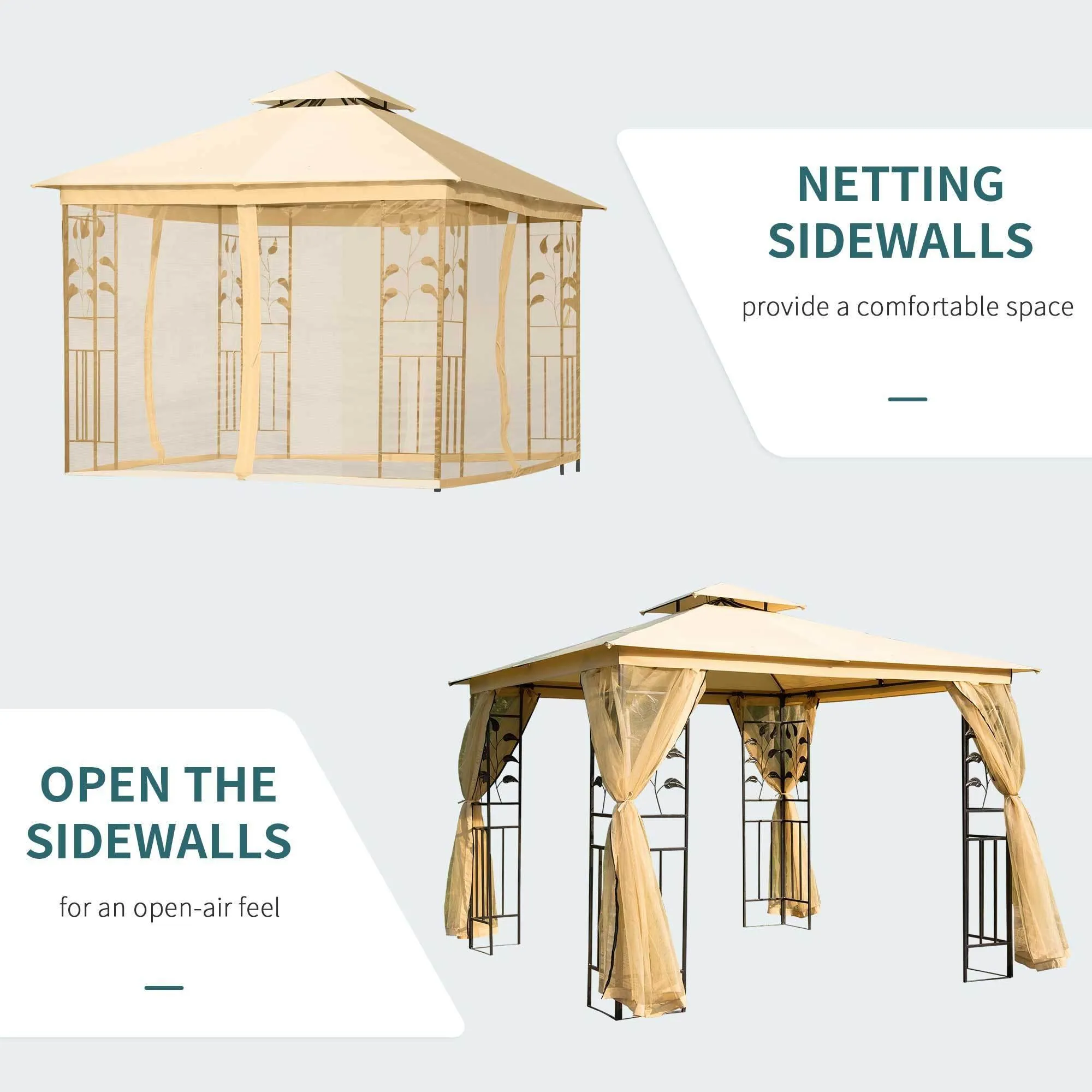 10' x 10' Metal Patio Gazebo, Double Roof Outdoor Gazebo Canopy Shelter with Tree Motifs Corner Frame, Beige