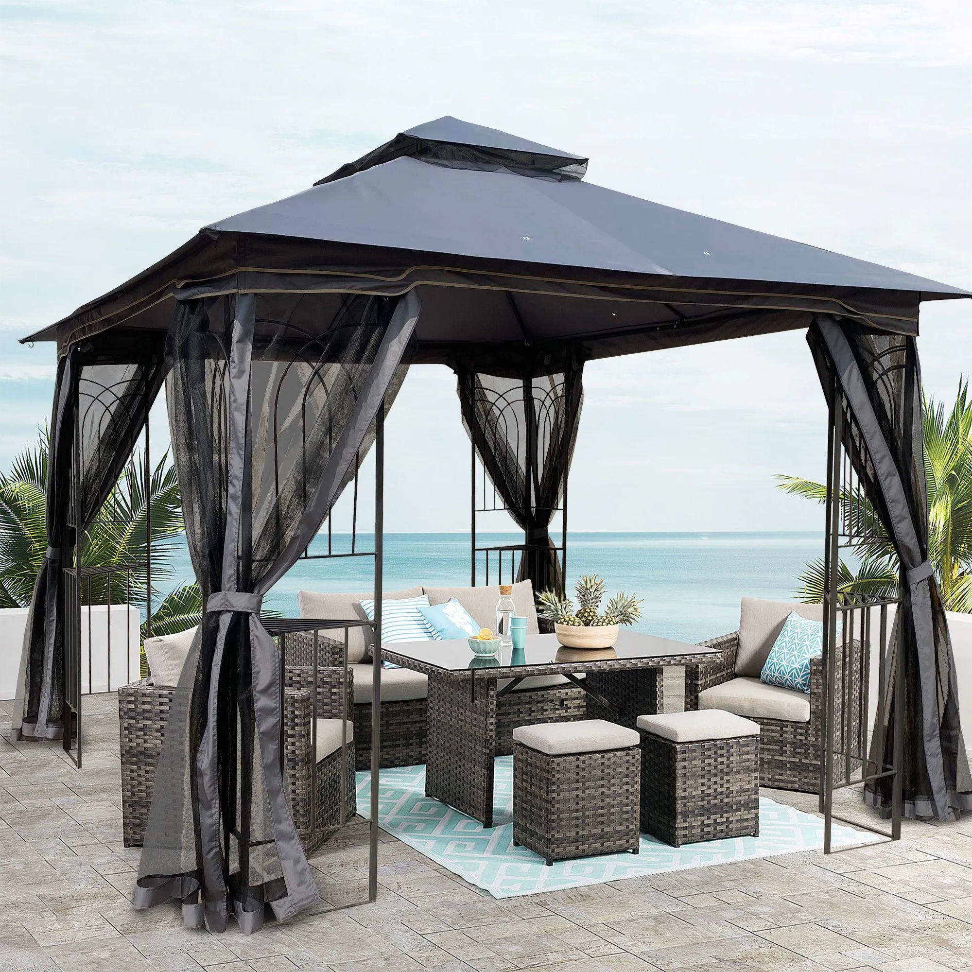 10x10 Outdoor Patio Gazebo Canopy Tent With Ventilated Double Roof And Mosquito net,Gray Top