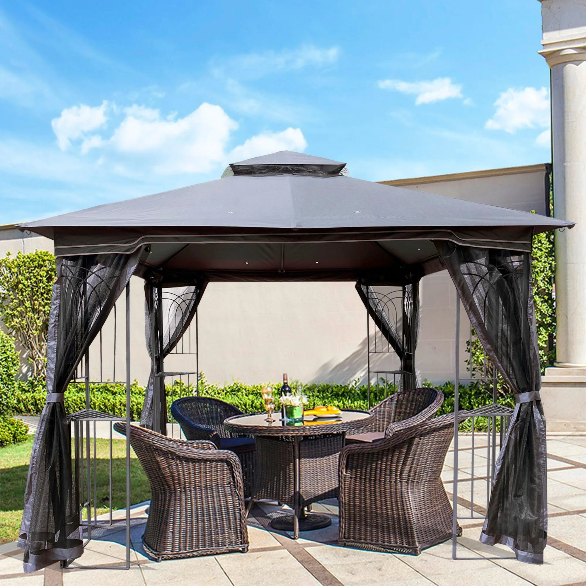 10x10 Outdoor Patio Gazebo Canopy Tent With Ventilated Double Roof And Mosquito net,Gray Top