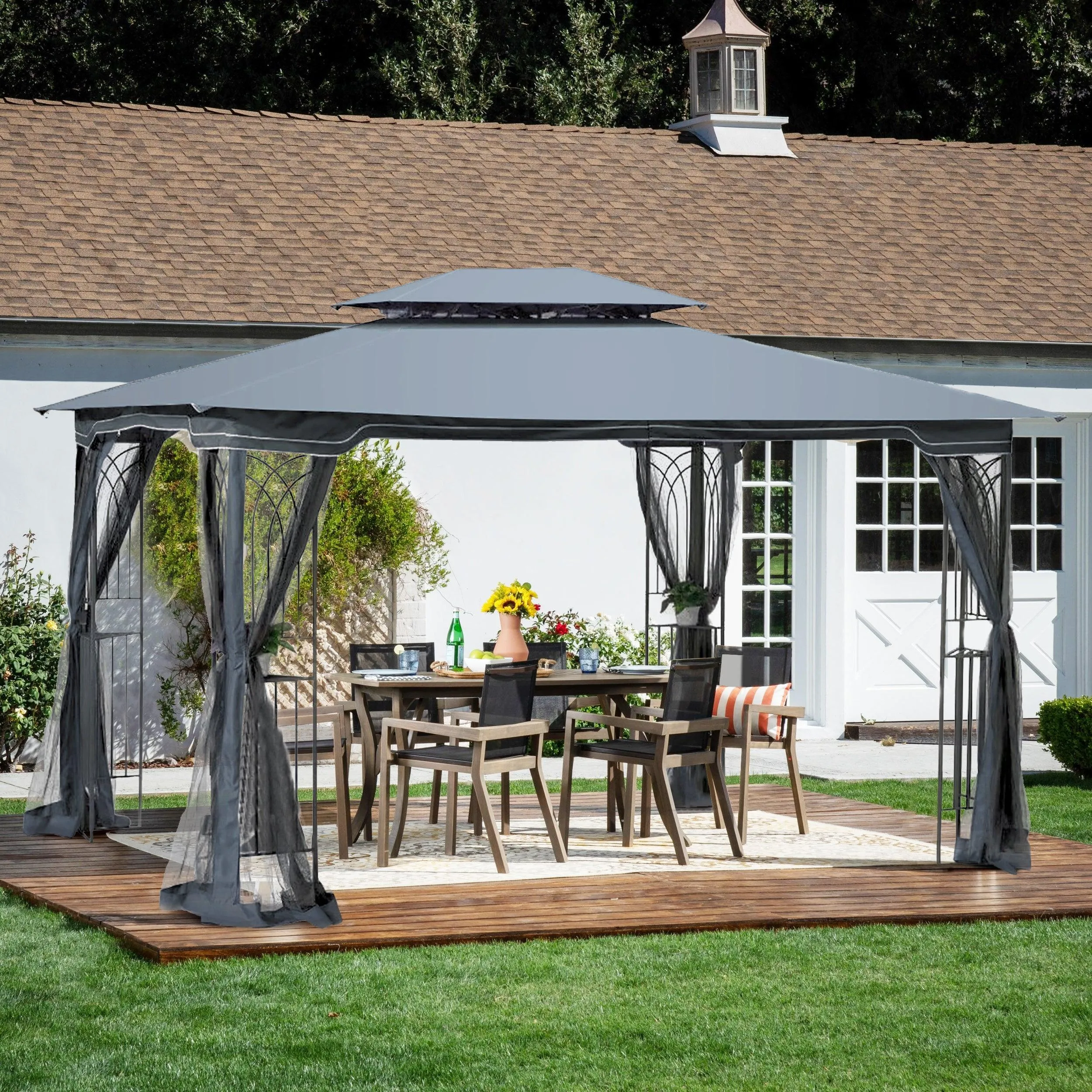 13x10 Outdoor Patio Gazebo Canopy Tent With Ventilated Double Roof And Mosquito net,Gray Top