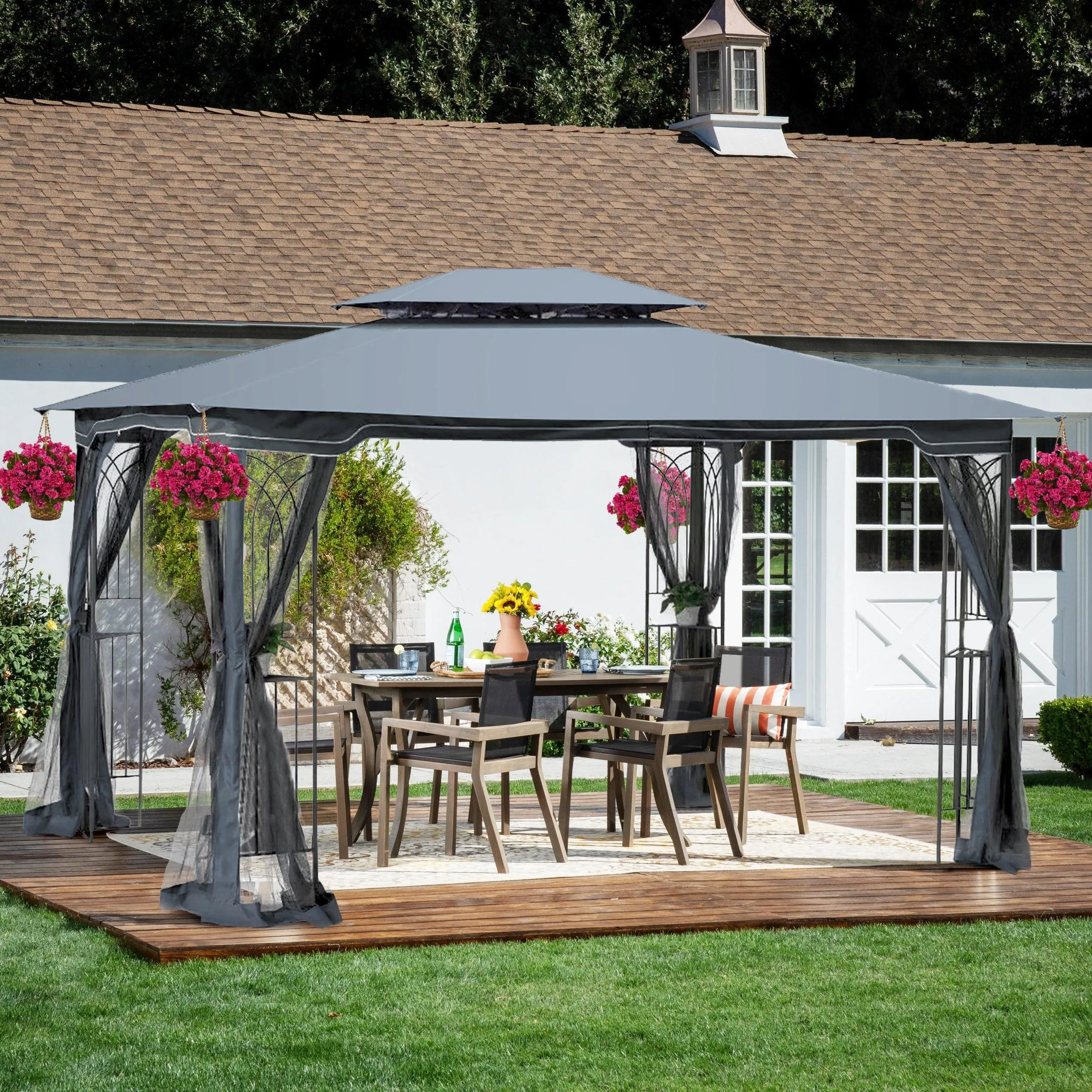 13x10 Outdoor Patio Gazebo Canopy Tent With Ventilated Double Roof And Mosquito net,Gray Top