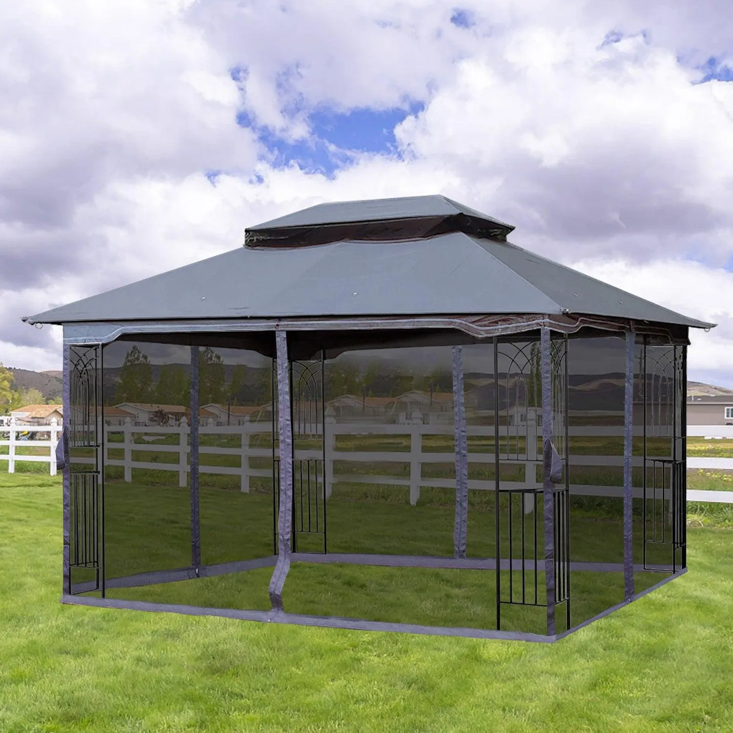 13x10 Outdoor Patio Gazebo Canopy Tent With Ventilated Double Roof And Mosquito net,Gray Top