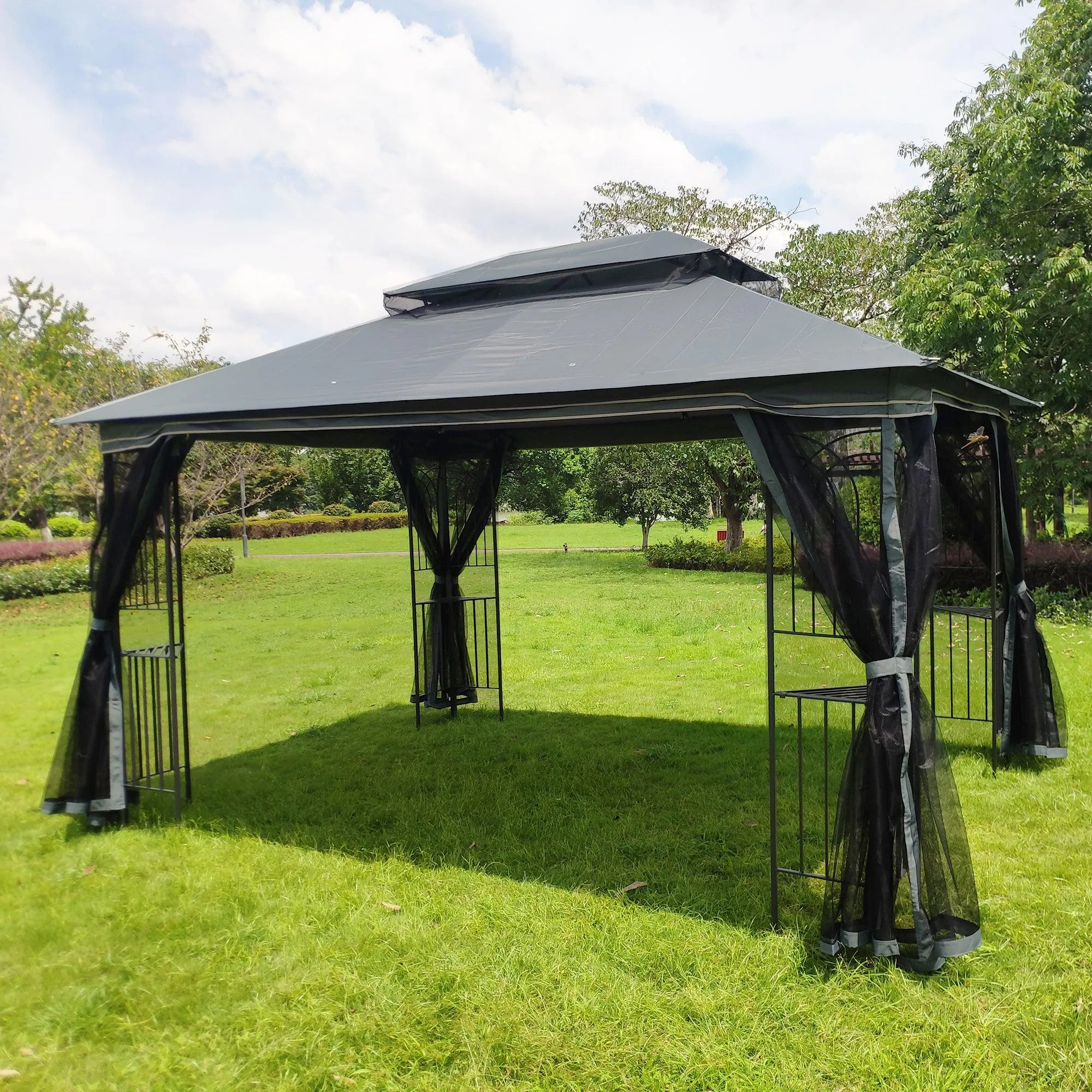 13x10 Outdoor Patio Gazebo Canopy Tent With Ventilated Double Roof And Mosquito net,Gray Top