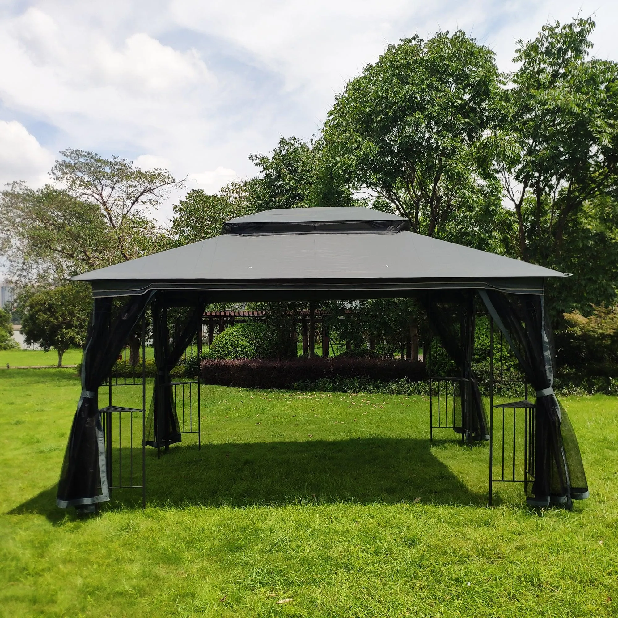 13x10 Outdoor Patio Gazebo Canopy Tent With Ventilated Double Roof And Mosquito net,Gray Top