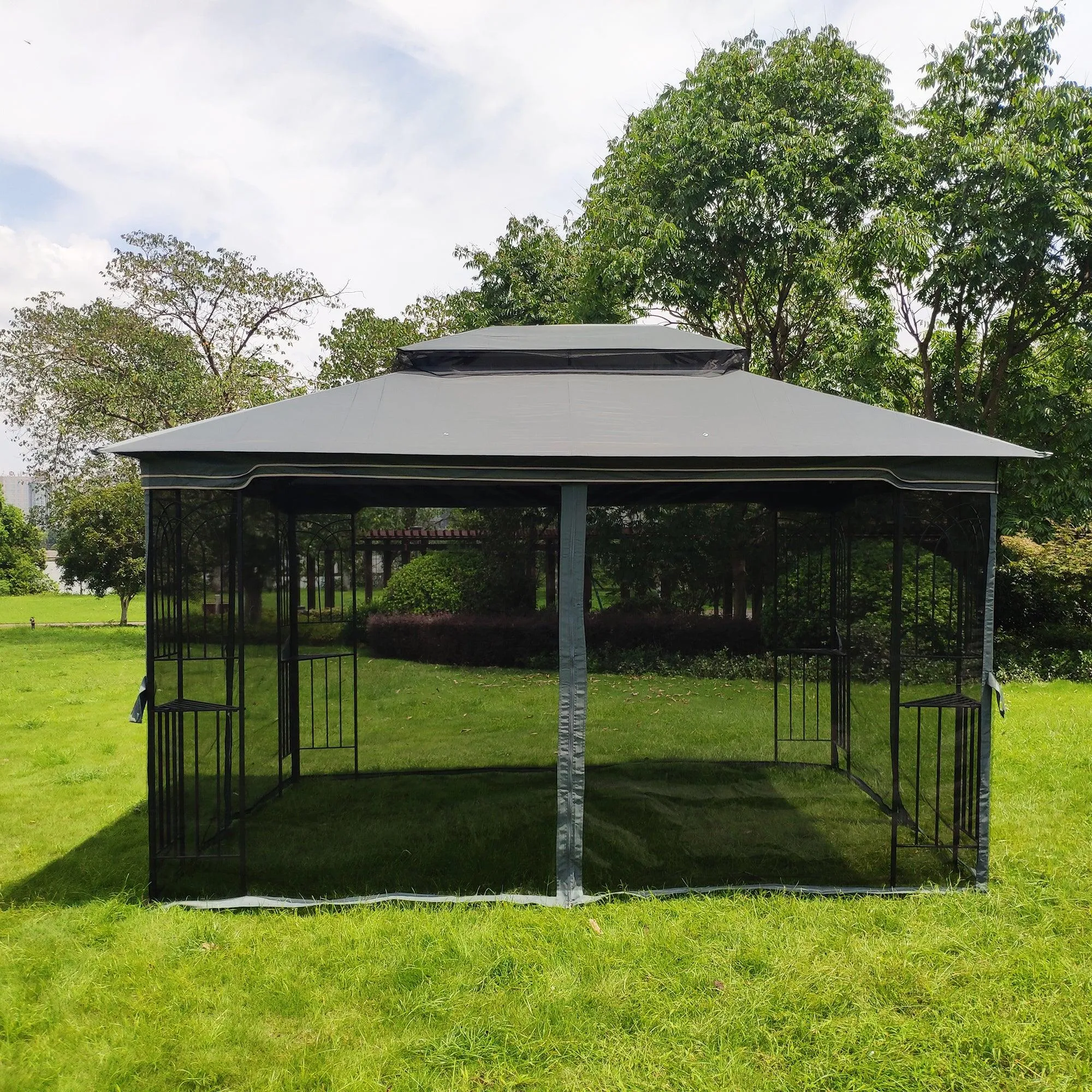 13x10 Outdoor Patio Gazebo Canopy Tent With Ventilated Double Roof And Mosquito net,Gray Top
