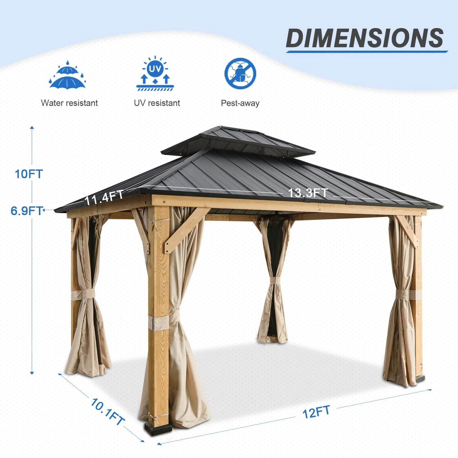 13x11 Cedar Wood Gazebo Hardtop Double Roof with Netting and Curtains