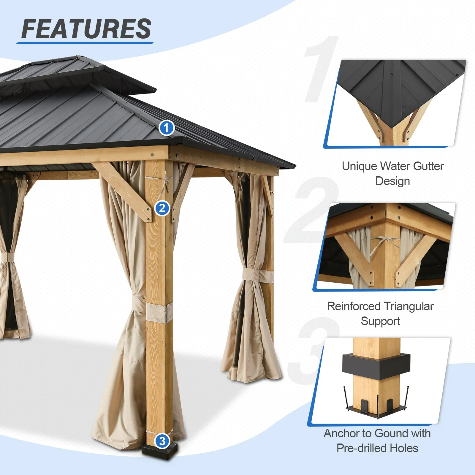 13x11 Cedar Wood Gazebo Hardtop Double Roof with Netting and Curtains