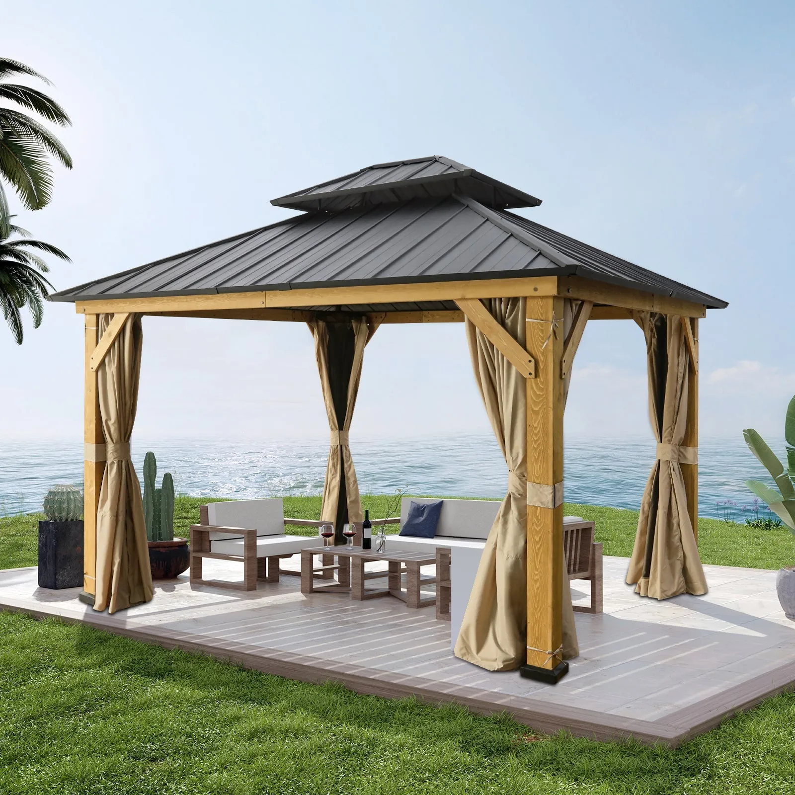 13x11 Cedar Wood Gazebo Hardtop Double Roof with Netting and Curtains