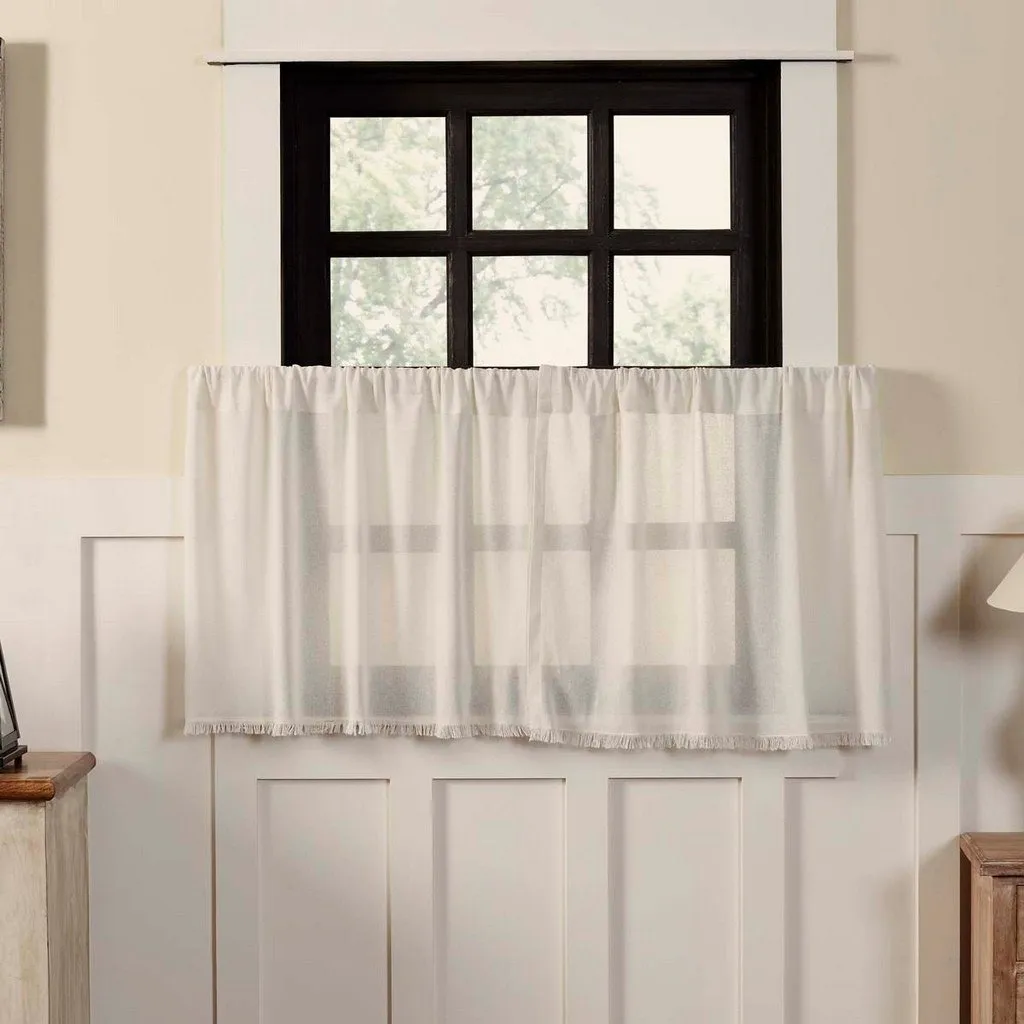 Antique White Fringed Tobacco Cloth Tier Curtains 24"