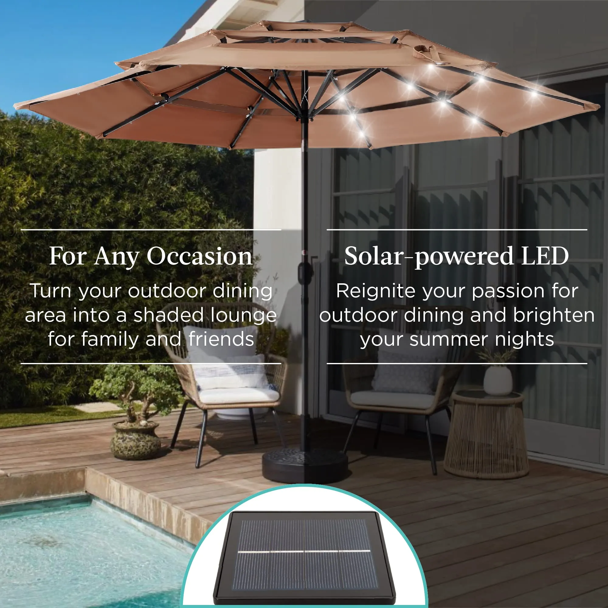 Best Choice Products 10ft 3-Tier Solar Patio Umbrella, Outdoor Market Sun Shade for Backyard, Deck, Poolside w/ 24 LED Lights, Tilt Adjustment, Easy Crank, 8 Ribs - Tan