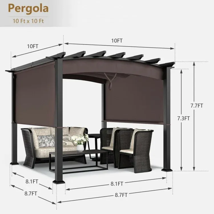 Brown 10 x 10ft Outdoor Retractable Pergola with Adjustable Sliding Sun Shade Canopy- Model #58024173