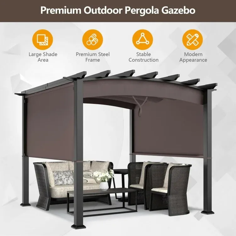 Brown 10 x 10ft Outdoor Retractable Pergola with Adjustable Sliding Sun Shade Canopy- Model #58024173