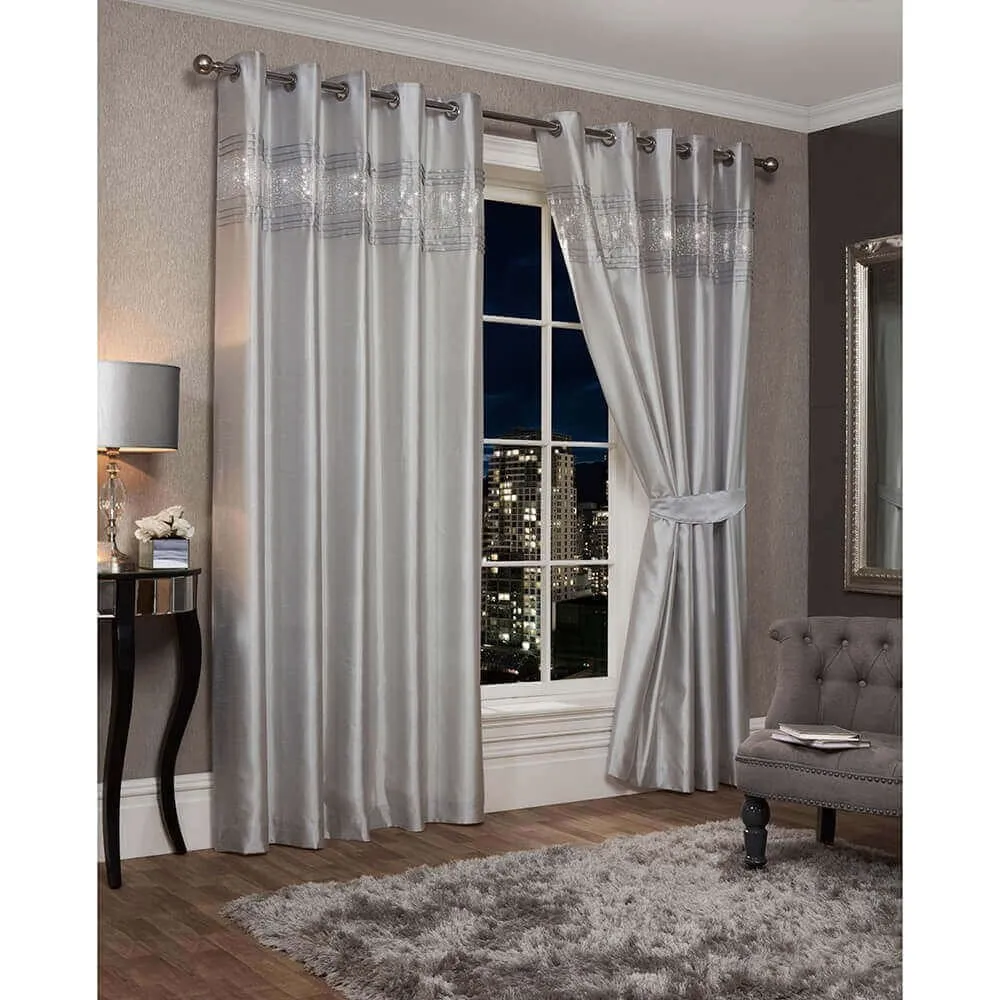 Cannes Eyelet Curtains - Faux Silk Pintuck Embellished -Silver