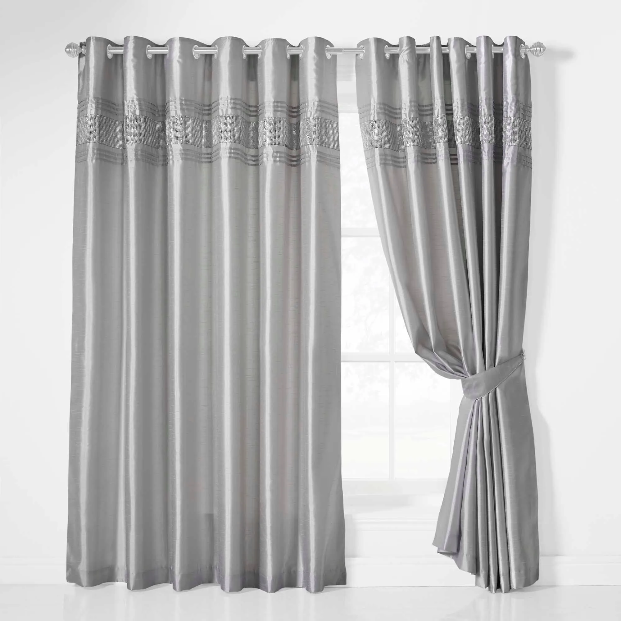 Cannes Eyelet Curtains - Faux Silk Pintuck Embellished -Silver