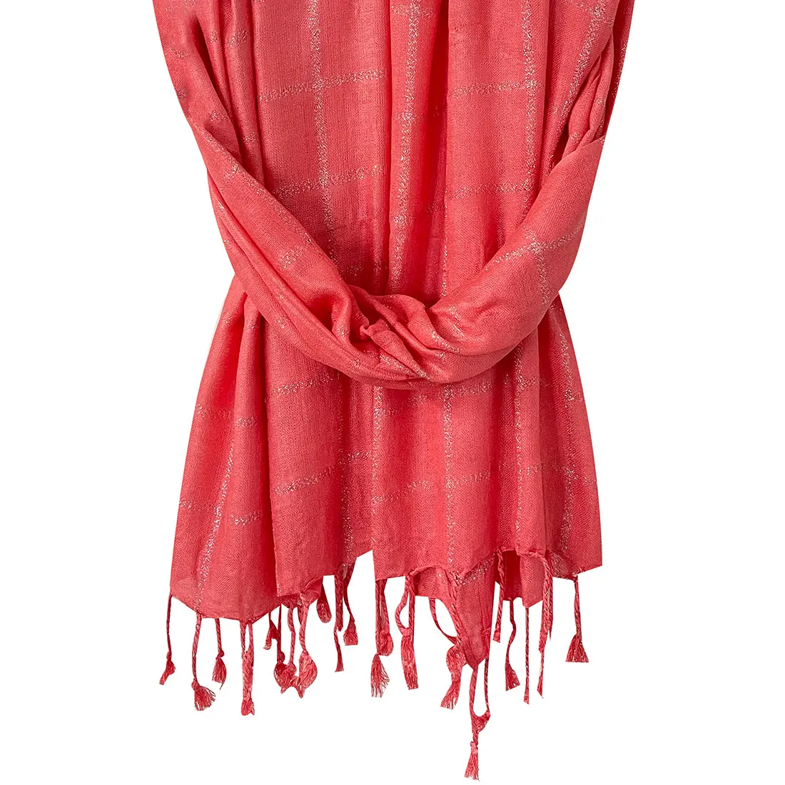 Contemporary Striped Peach & Silver Lurex Glitter Tassel Scarf