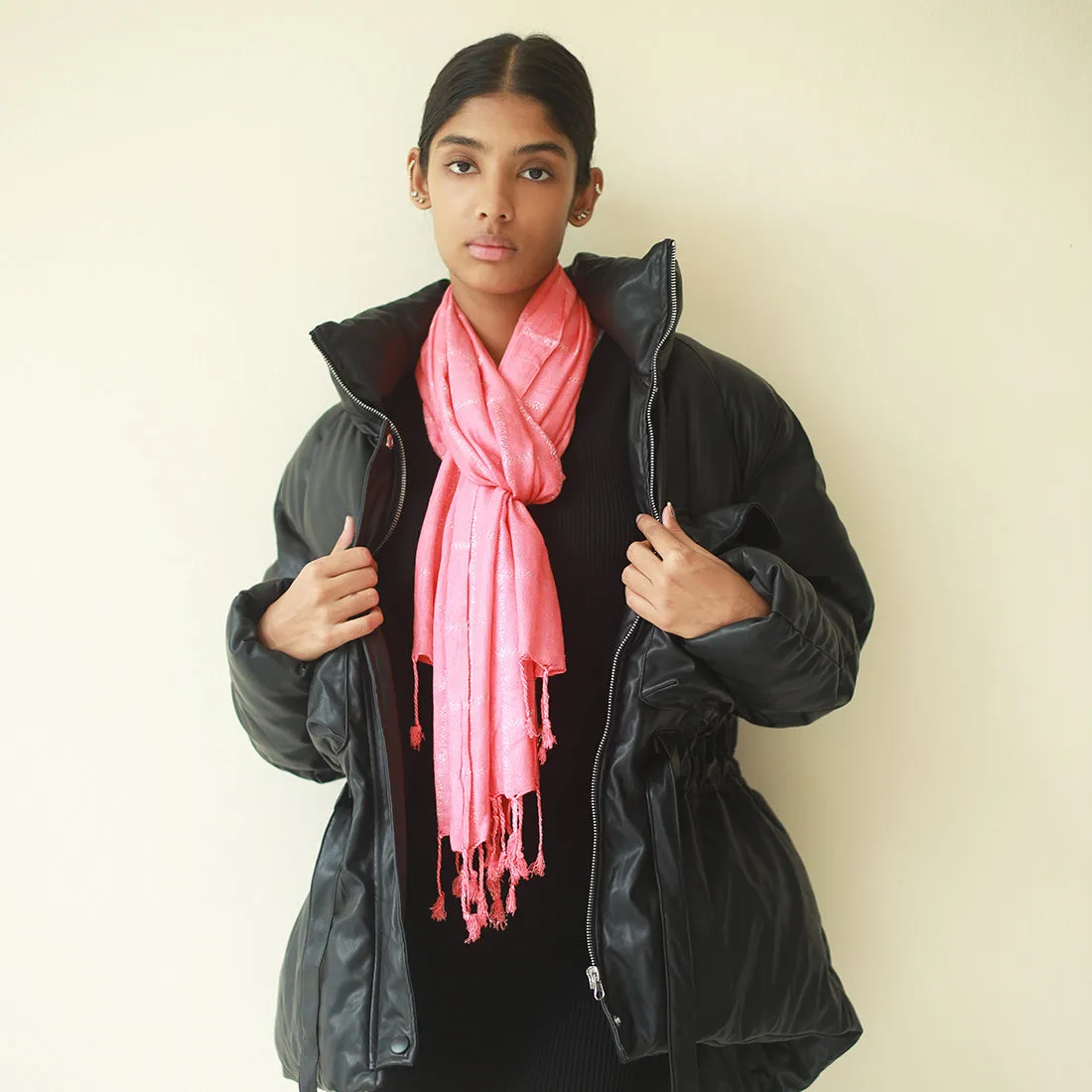 Contemporary Striped Peach & Silver Lurex Glitter Tassel Scarf