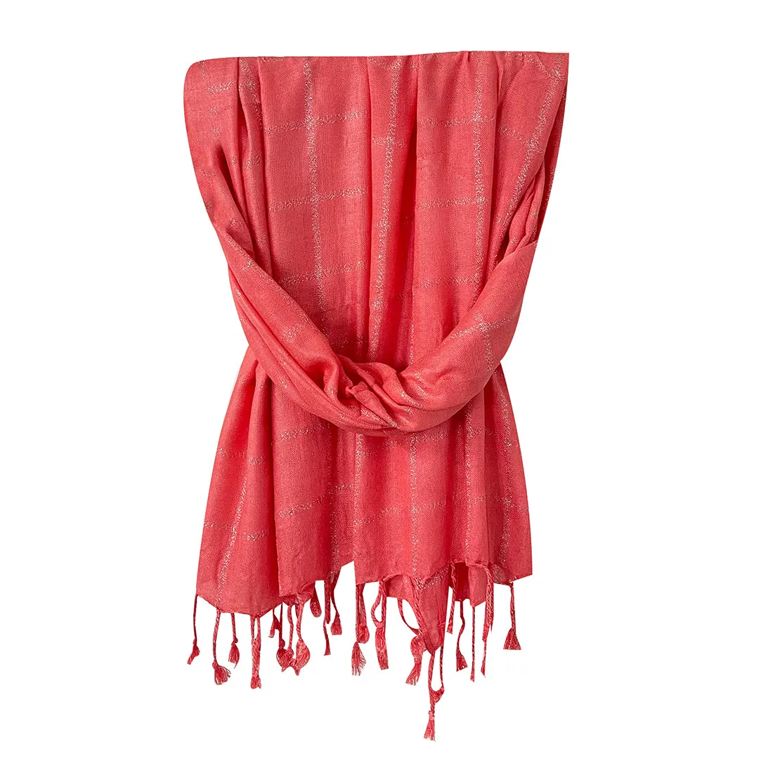 Contemporary Striped Peach & Silver Lurex Glitter Tassel Scarf