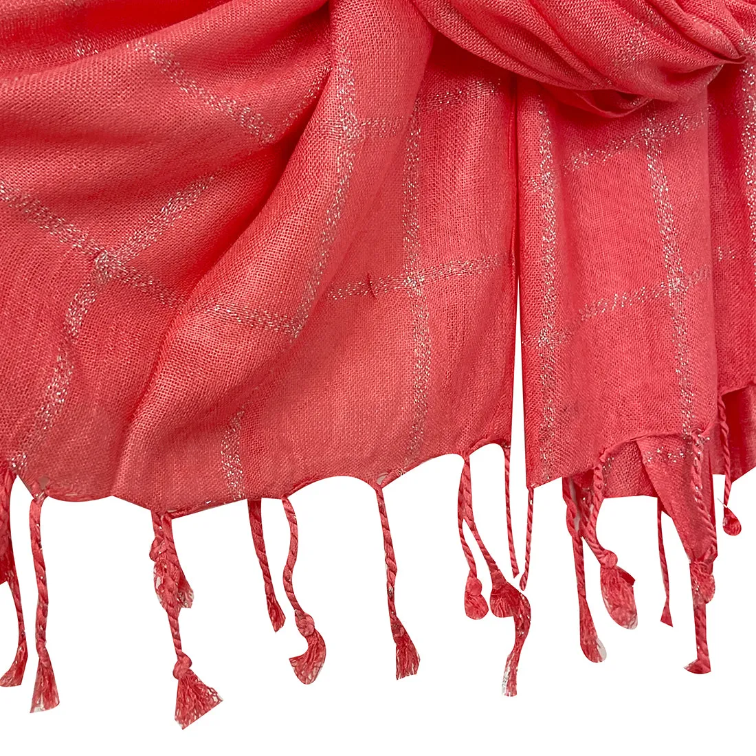 Contemporary Striped Peach & Silver Lurex Glitter Tassel Scarf