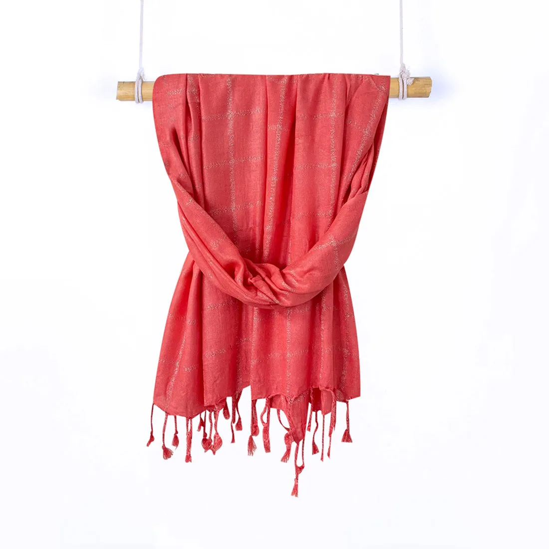 Contemporary Striped Peach & Silver Lurex Glitter Tassel Scarf