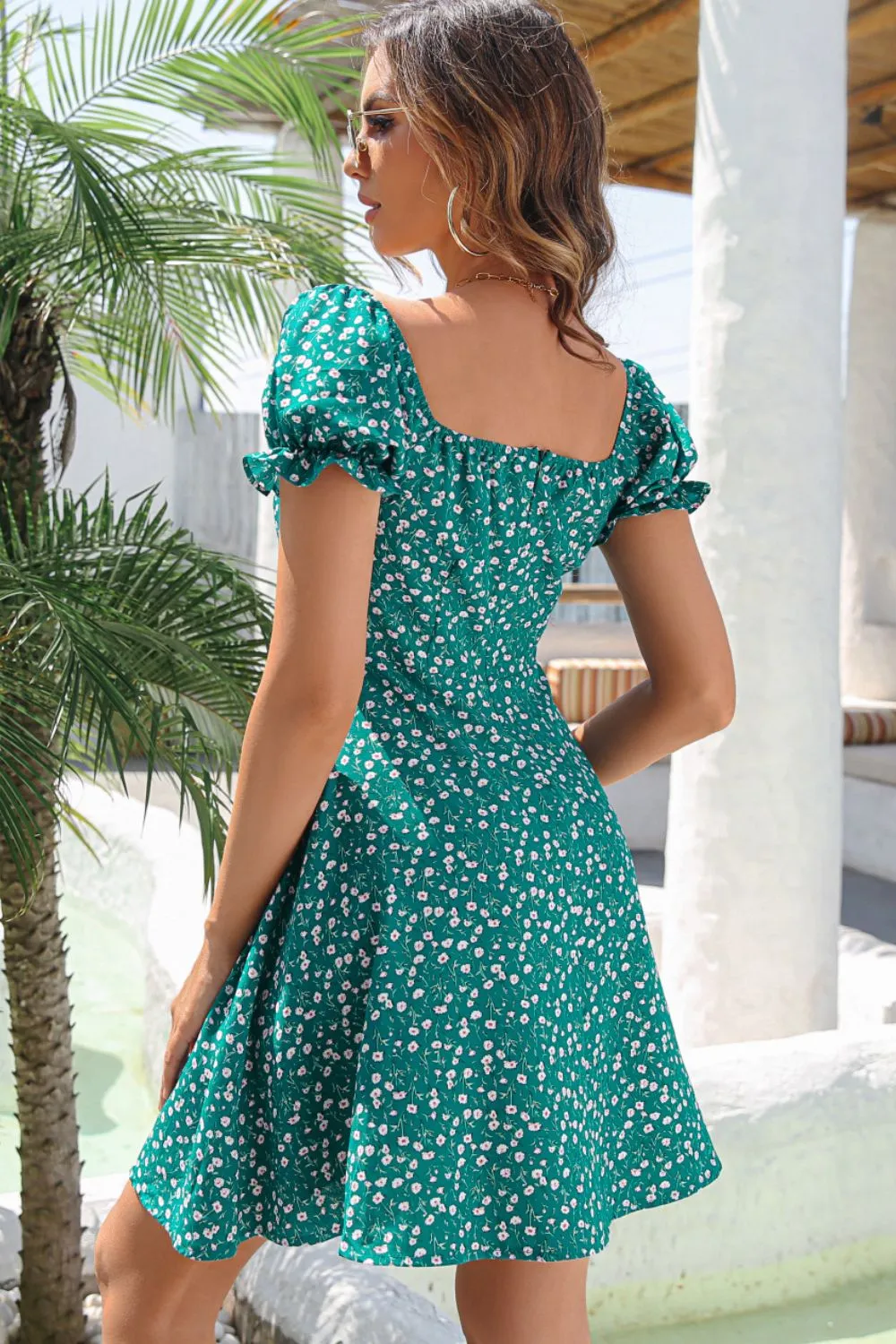 Ditsy Floral Tie Front Flounce Sleeve Dress