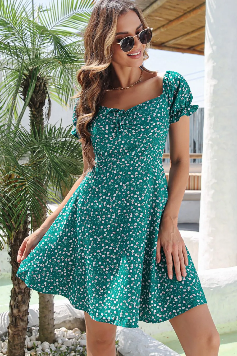 Ditsy Floral Tie Front Flounce Sleeve Dress