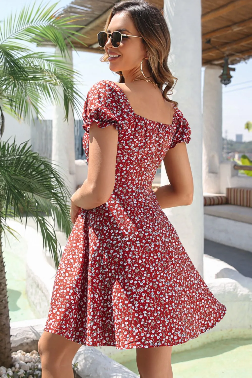 Ditsy Floral Tie Front Flounce Sleeve Dress