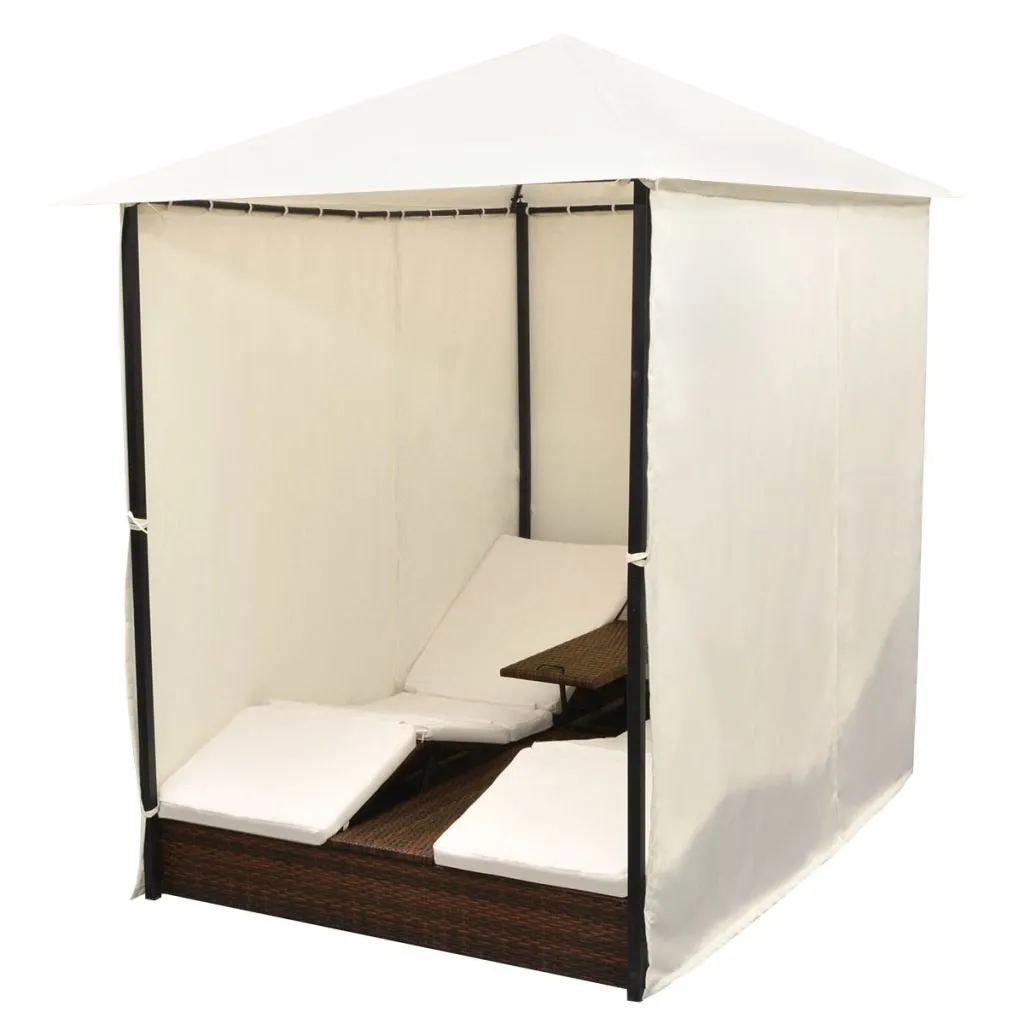 Double Sun Lounger with Curtains Poly Rattan Brown
