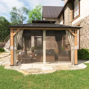 EAGLE PEAK 13x11 Outdoor Cedar Framed Hardtop Double Roof Gazebo, Mosquito Mesh Netting and Light Beige Privacy Curtains Included