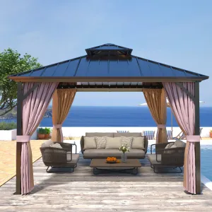 EAGLE PEAK Outdoor Aluminum Frame Galvanized Double Roof Gazebo, Includes Netting and Curtains