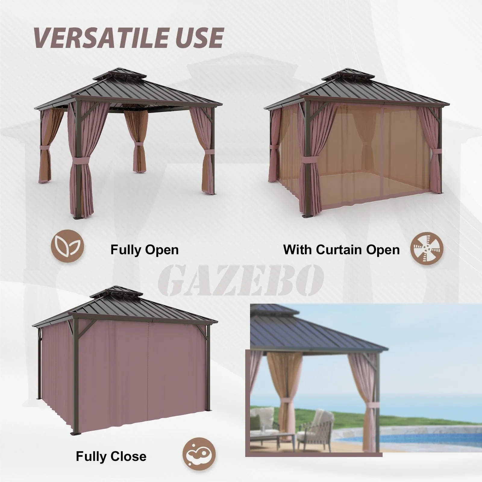 EAGLE PEAK Outdoor Aluminum Frame Galvanized Double Roof Gazebo, Includes Netting and Curtains