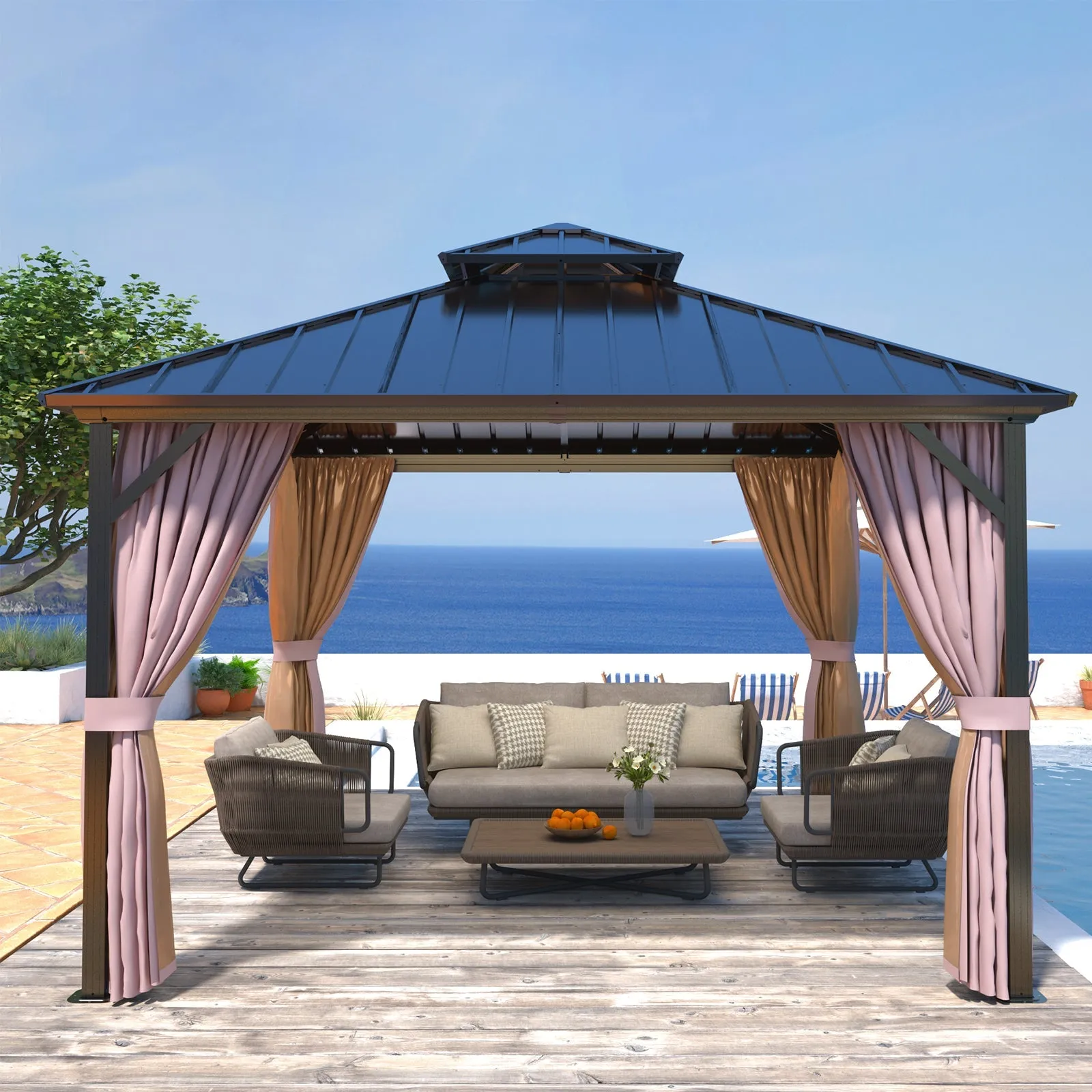 EAGLE PEAK Outdoor Aluminum Frame Galvanized Double Roof Gazebo, Includes Netting and Curtains