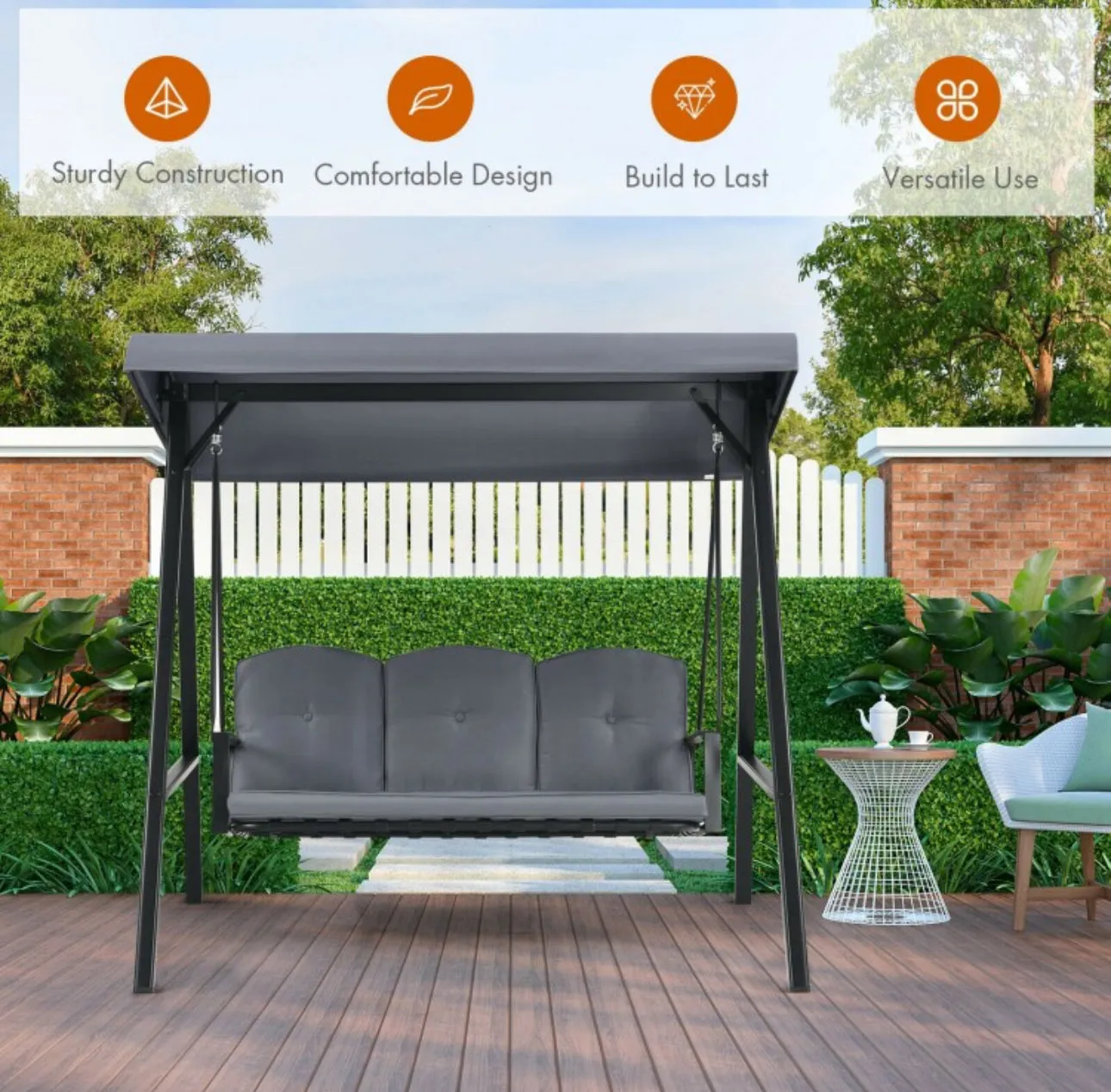 Elegant Outdoor Patio 3-Seater Porch Swing With Adjustable Cushions & Canopy | Spacious Sitting Space | Holds 710lbs | Sun Shade