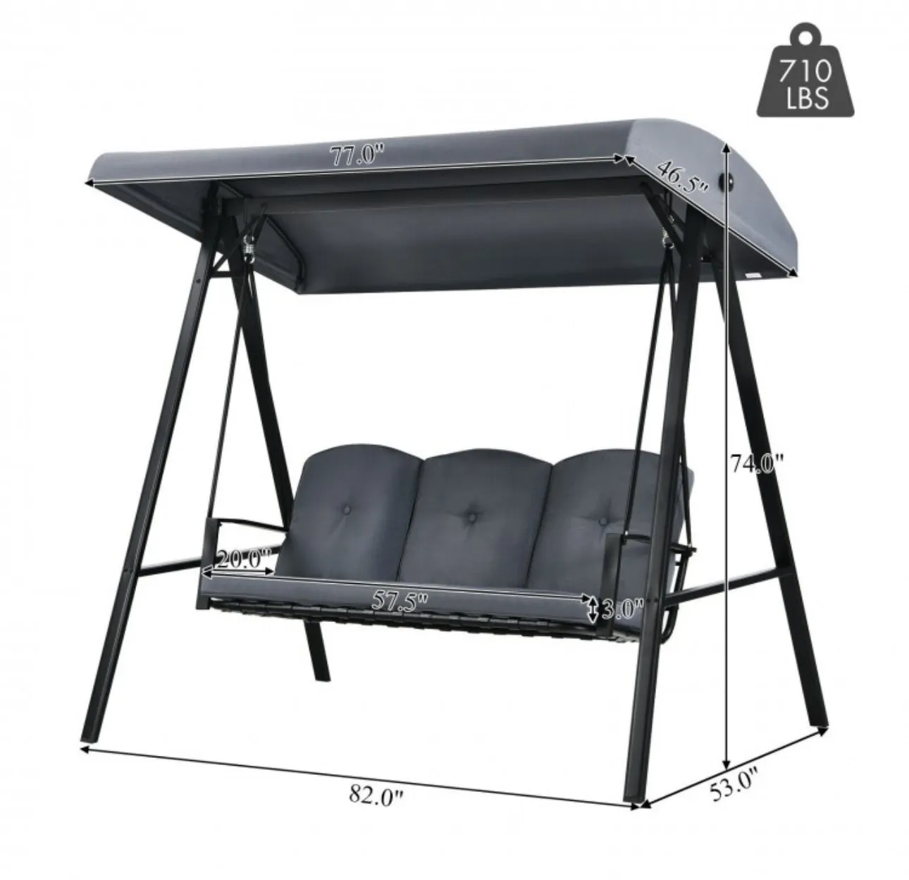 Elegant Outdoor Patio 3-Seater Porch Swing With Adjustable Cushions & Canopy | Spacious Sitting Space | Holds 710lbs | Sun Shade