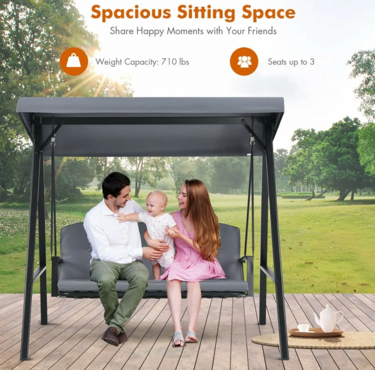 Elegant Outdoor Patio 3-Seater Porch Swing With Adjustable Cushions & Canopy | Spacious Sitting Space | Holds 710lbs | Sun Shade