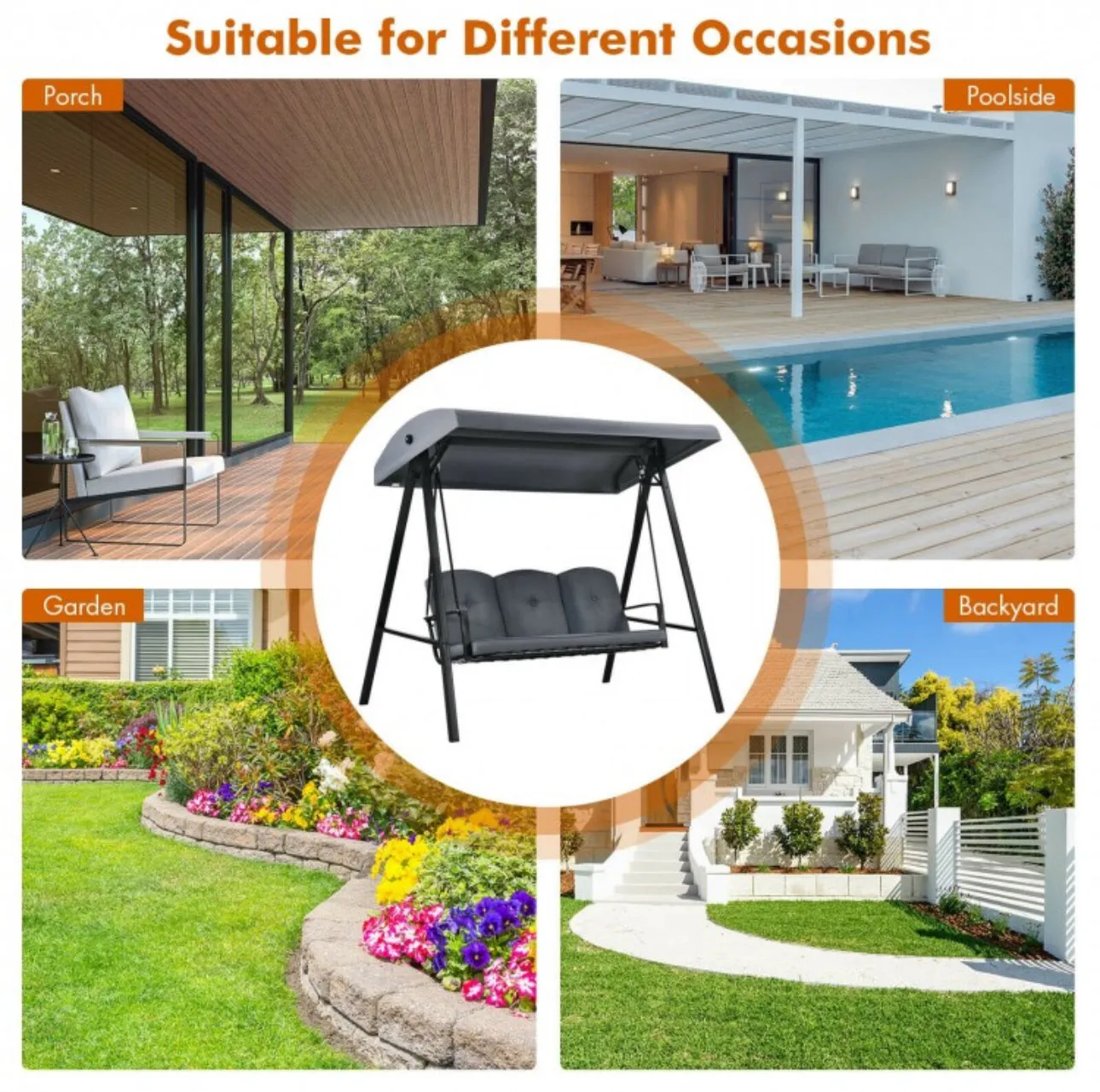 Elegant Outdoor Patio 3-Seater Porch Swing With Adjustable Cushions & Canopy | Spacious Sitting Space | Holds 710lbs | Sun Shade