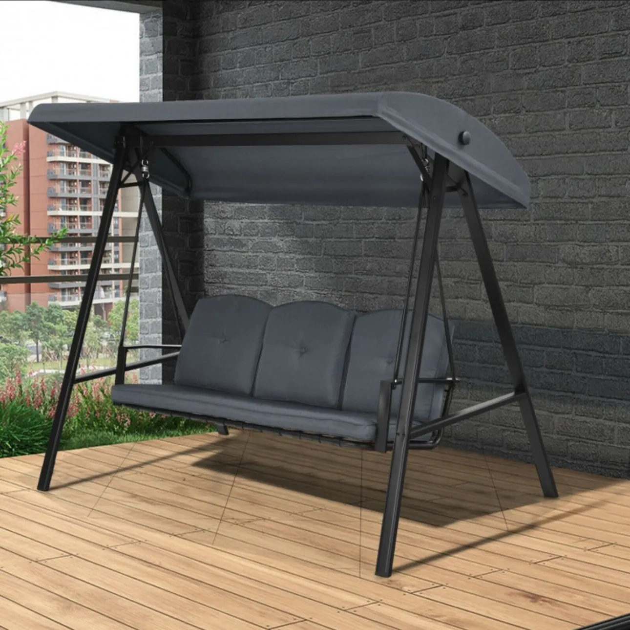 Elegant Outdoor Patio 3-Seater Porch Swing With Adjustable Cushions & Canopy | Spacious Sitting Space | Holds 710lbs | Sun Shade