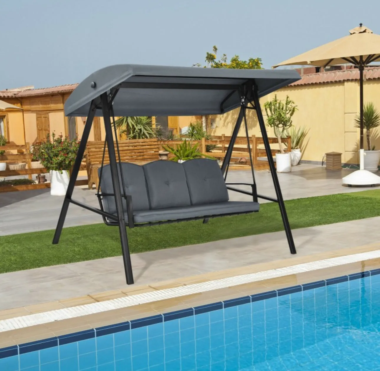 Elegant Outdoor Patio 3-Seater Porch Swing With Adjustable Cushions & Canopy | Spacious Sitting Space | Holds 710lbs | Sun Shade