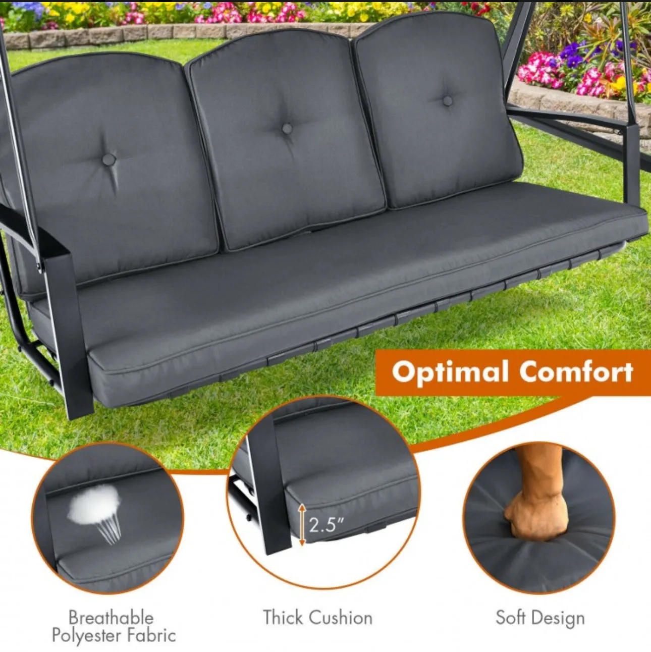 Elegant Outdoor Patio 3-Seater Porch Swing With Adjustable Cushions & Canopy | Spacious Sitting Space | Holds 710lbs | Sun Shade