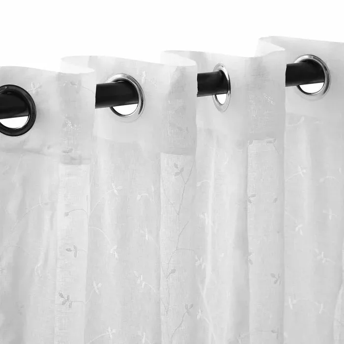 Embroidered Delicate Flower Sheer Grommet Curtain Panel Set