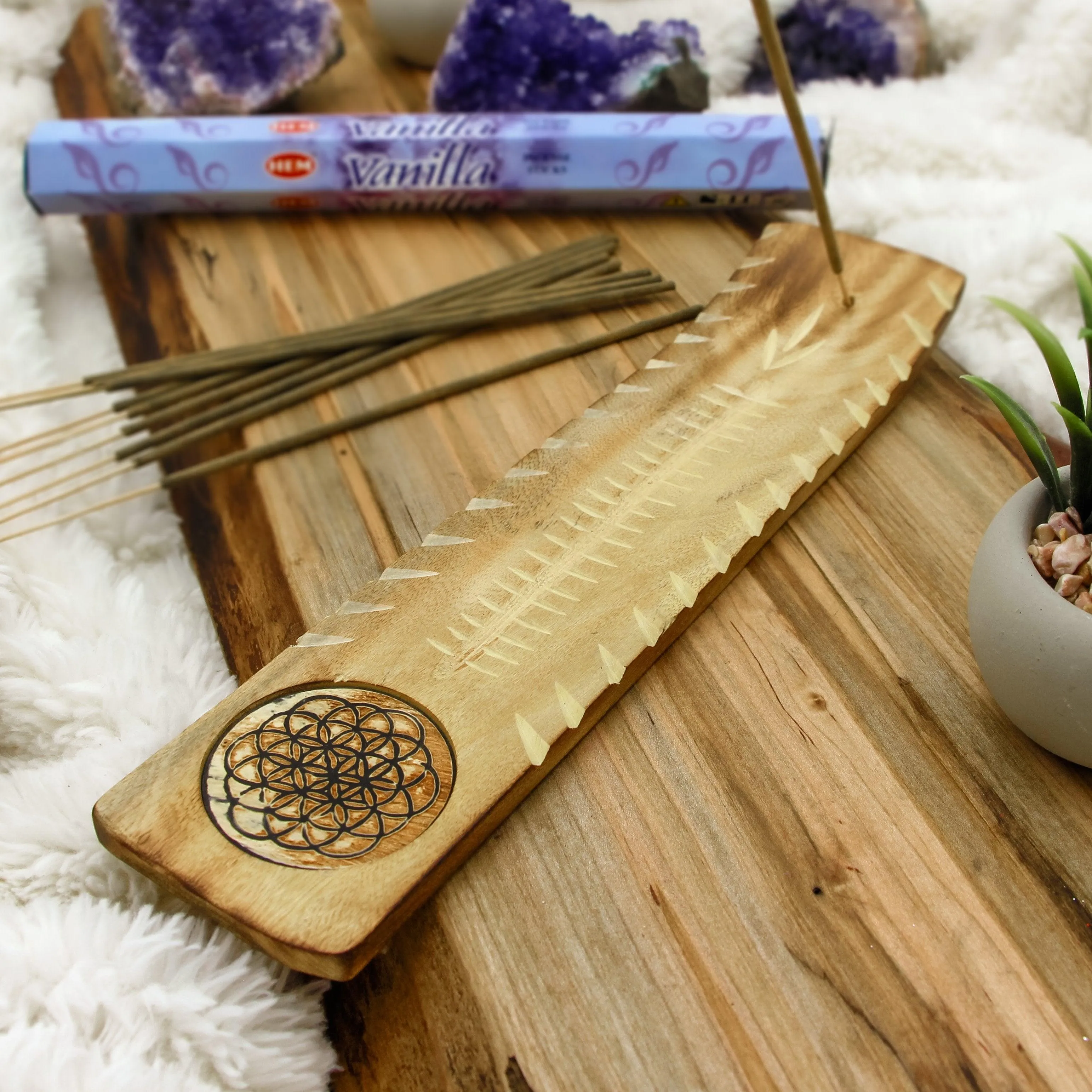 Flower of Life Wood Incense Holder