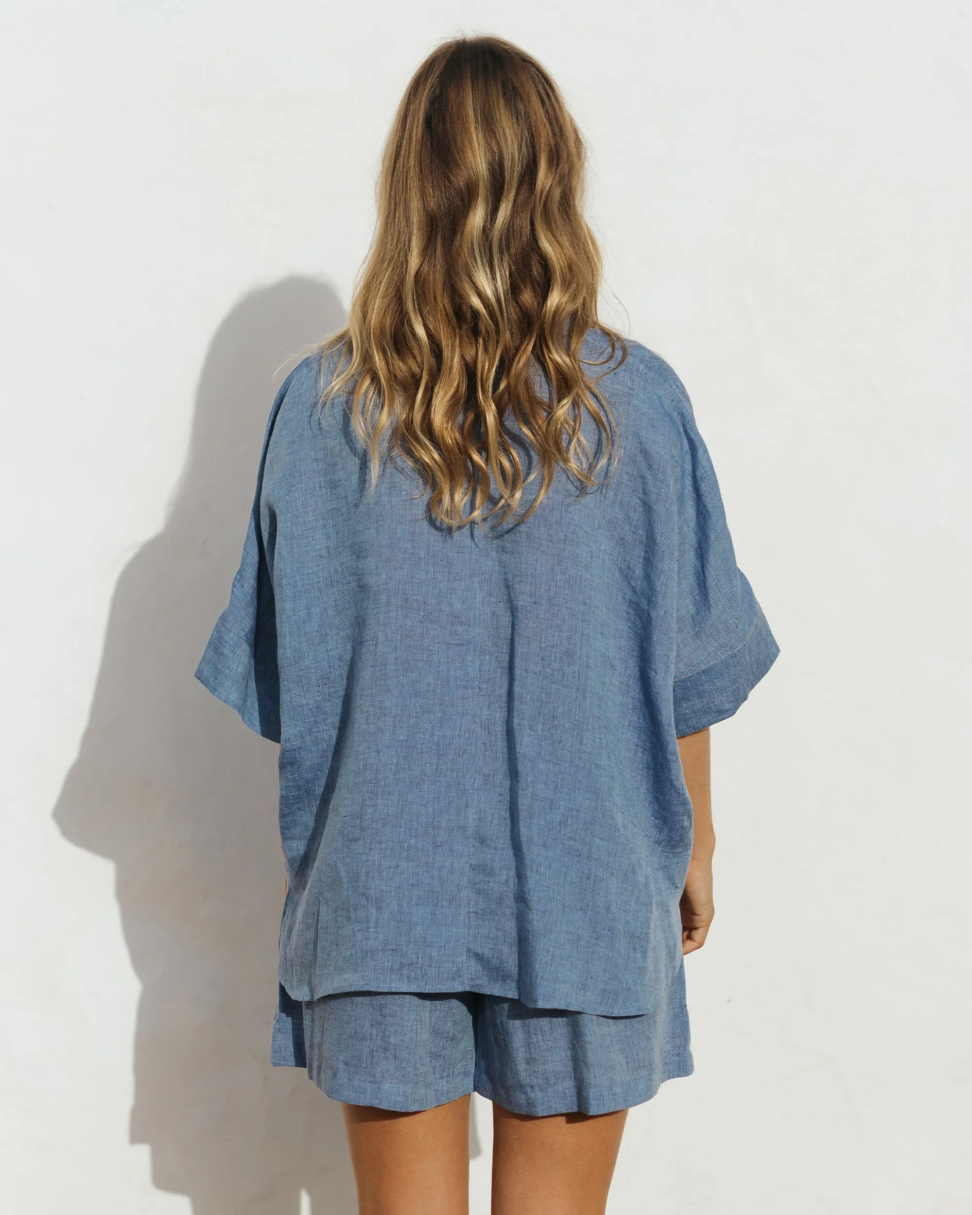 High waisted linen shorts CUENCA in Denim chambray