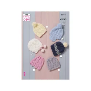 King Cole Baby & Kids Hat Aran Knitting Pattern 5544
