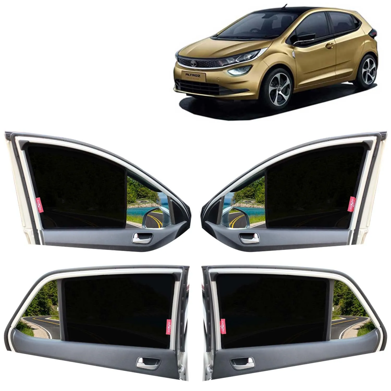 KINGSWAY® Altroz Car Sun Shade Z-Black Non Magnetic Fix Type Curtains for 2020 Onwards Model, Compatible with Tata Altroz Side Window Car Sunshade, Only Half Cut in Front Window, Black, 4 Piece