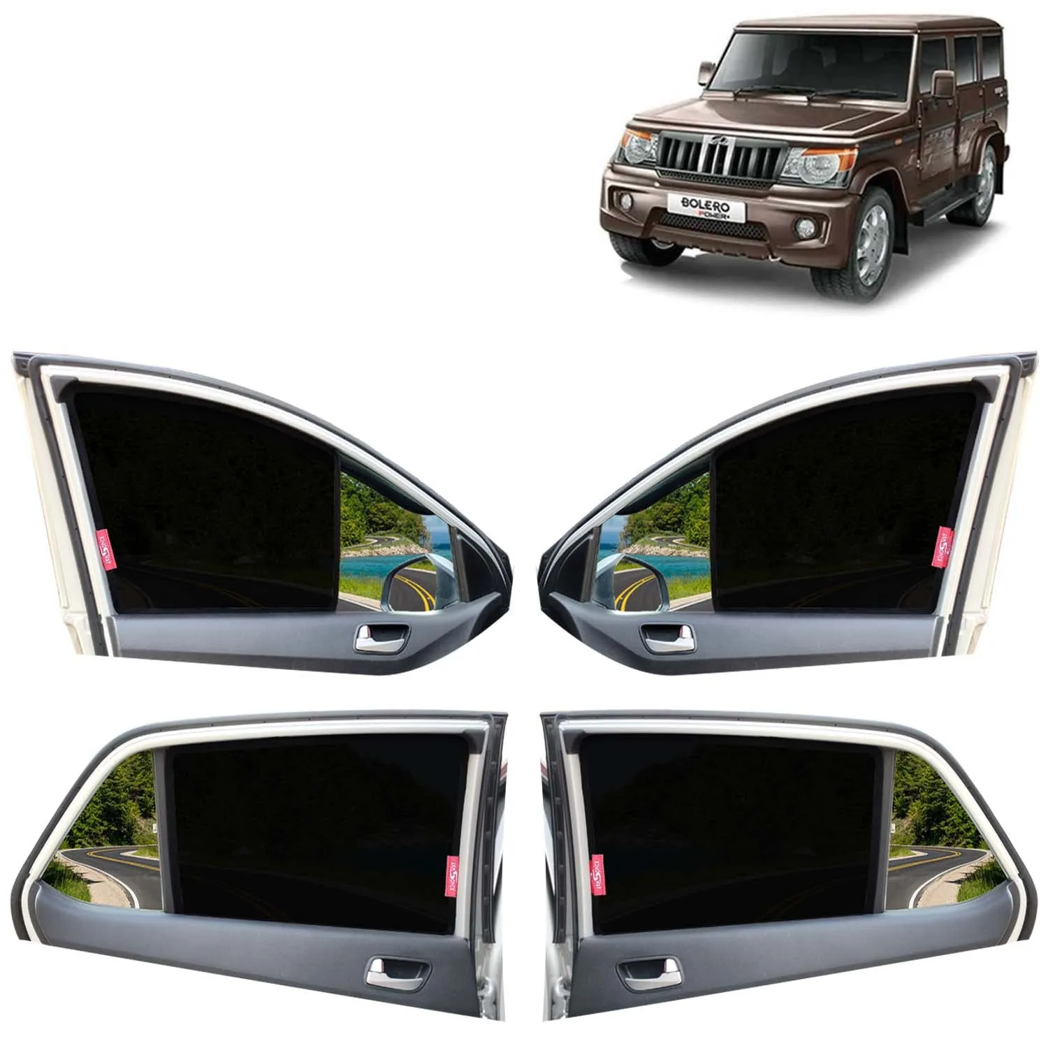 KINGSWAY® Bolero Car Sun Shade Z-Black Non Magnetic Fix Type Curtains for 2020 Onwards Model, Compatible with Mahindra Bolero Side Window Car Sunshade, Only Half Cut in Front Window, Black, 6 Piece