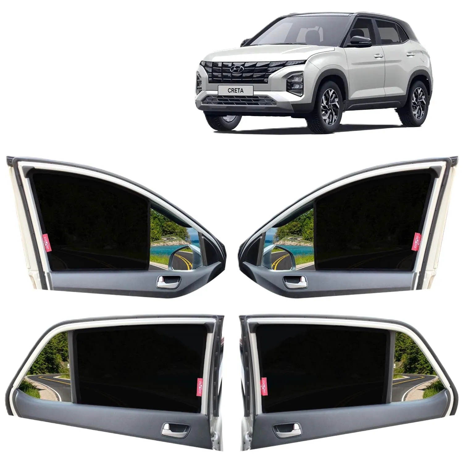 KINGSWAY® Creta Car Sun Shade Z-Black Non Magnetic Fix Type Curtains for 2024 Onwards Model, Compatible with Hyundai Creta Side Window Car Sunshade, Only Half Cut in Front Window, Black, 4 Piece