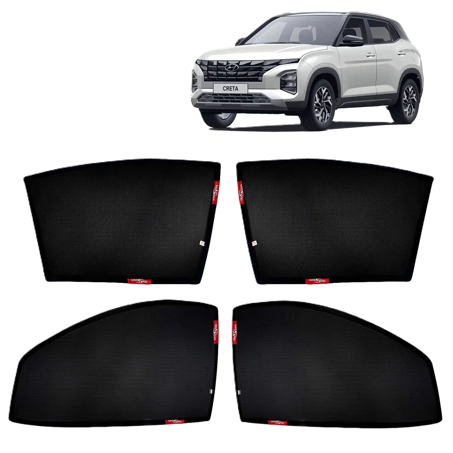 KINGSWAY® Creta Car Sun Shade Z-Black Non Magnetic Fix Type Curtains for 2024 Onwards Model, Compatible with Hyundai Creta Side Window Car Sunshade, Only Half Cut in Front Window, Black, 4 Piece
