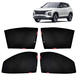 KINGSWAY® Creta Car Sun Shade Z-Black Non Magnetic Fix Type Curtains for 2024 Onwards Model, Compatible with Hyundai Creta Side Window Car Sunshade, Only Half Cut in Front Window, Black, 4 Piece