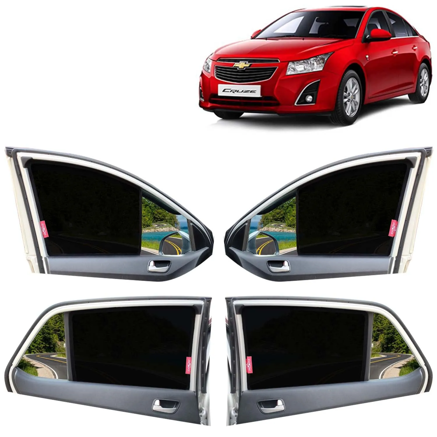 KINGSWAY® Cruze Car Sun Shade Z-Black Non Magnetic Fix Type Curtains for 2008 to 2017 Model, Compatible with Chevrolet Cruze Side Window Car Sunshade, Only Half Cut in Front Window, Black, 4 Piece