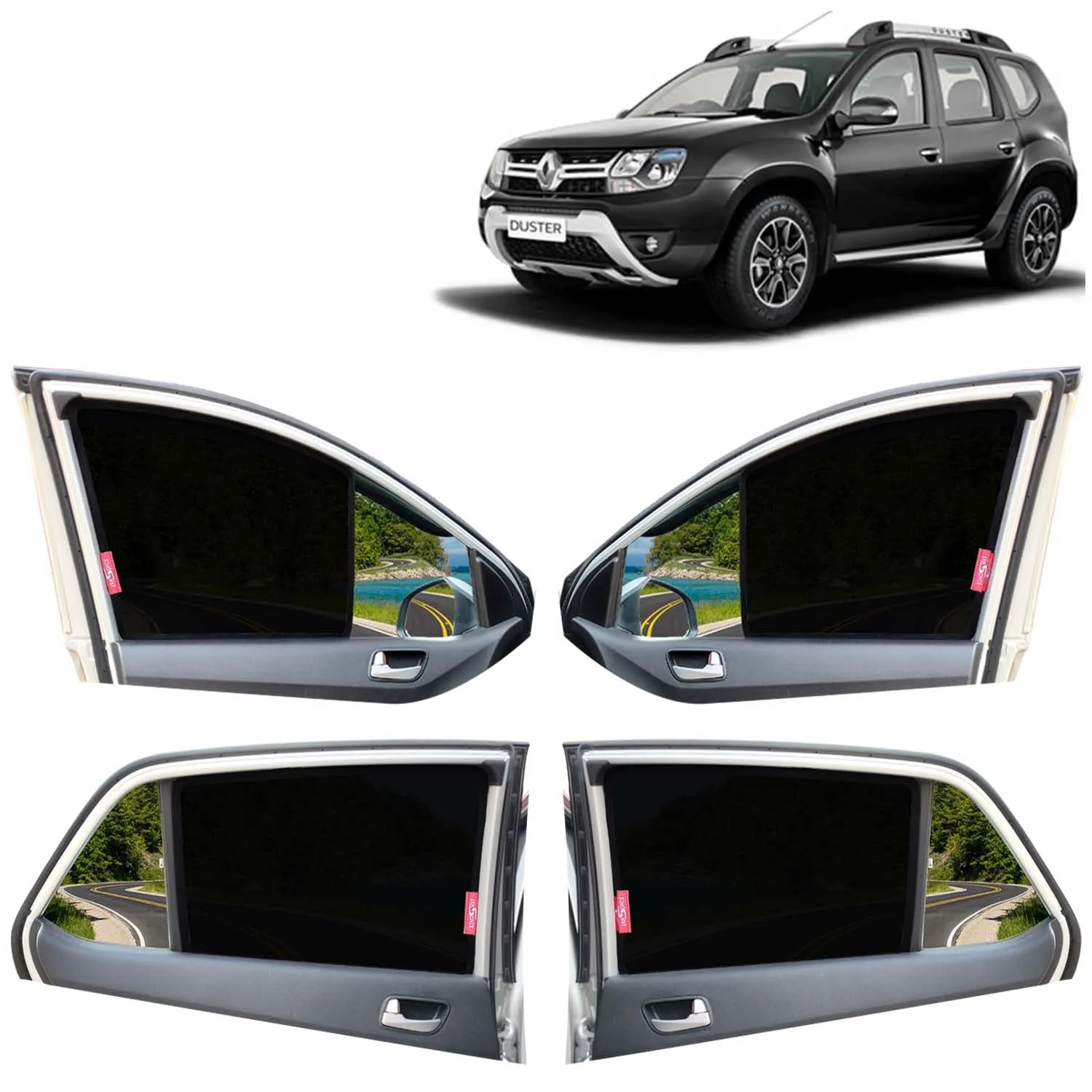 KINGSWAY® Duster Car Sun Shade Z-Black Non Magnetic Fix Type Curtains for 2014 to 2022 Model, Compatible with Renault Duster Side Window Car Sunshade, Only Half Cut in Front Window, Black, 6 Piece