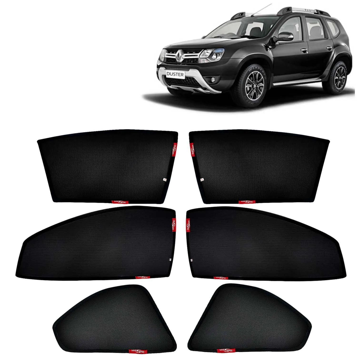 KINGSWAY® Duster Car Sun Shade Z-Black Non Magnetic Fix Type Curtains for 2014 to 2022 Model, Compatible with Renault Duster Side Window Car Sunshade, Only Half Cut in Front Window, Black, 6 Piece